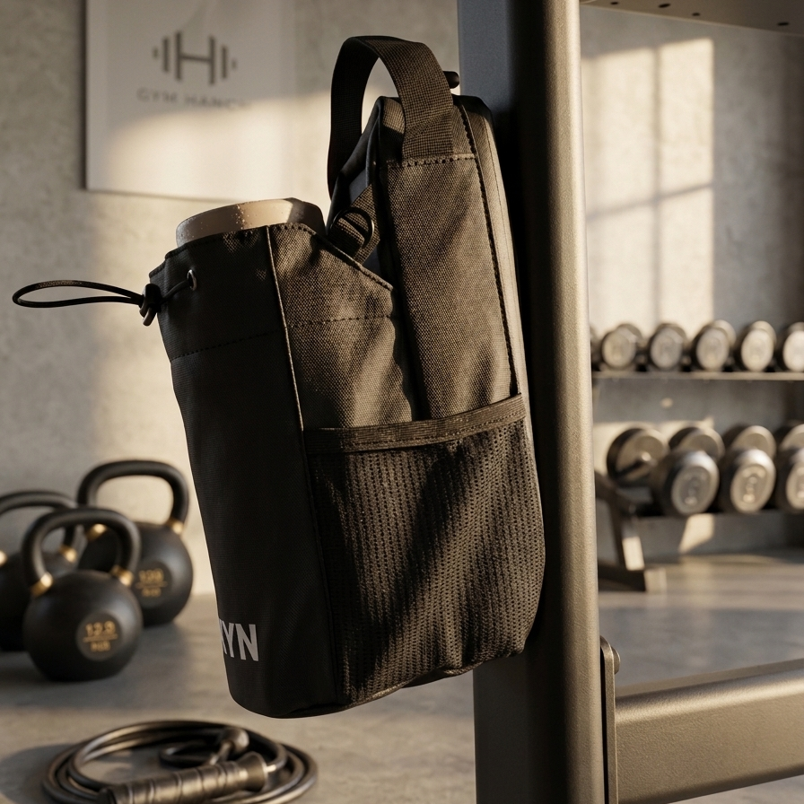 Black gym bag hanging on a barbell in a gym setting with kettlebells and weights in the background.