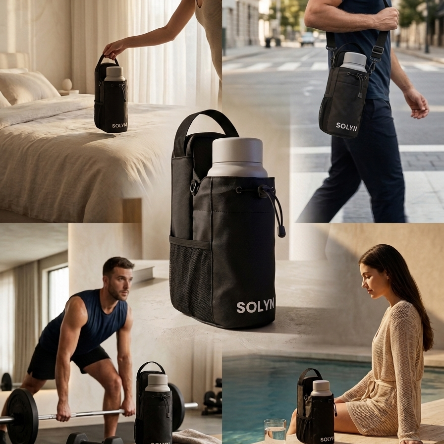 Collage of a person using a black water bottle and bag set with 'SOLYN' branding in various settings.