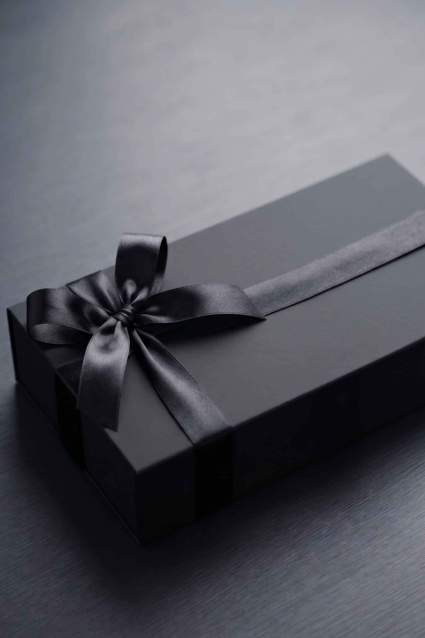 Black gift box with a bow on a dark surface
