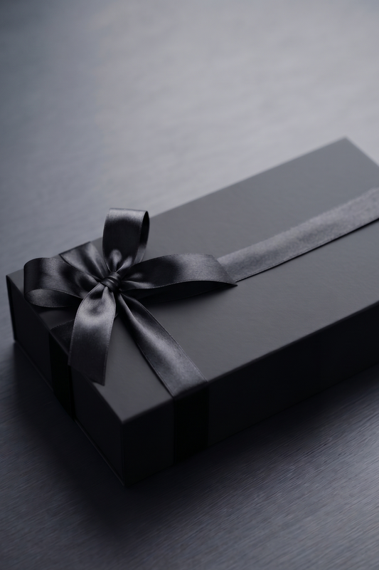 Black gift box with a bow on a dark surface