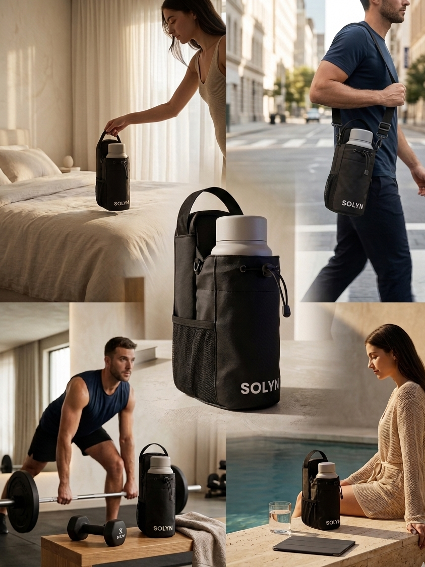 Collage of a person using a black water bottle and bag set with 'SOLYN' branding in various settings.
